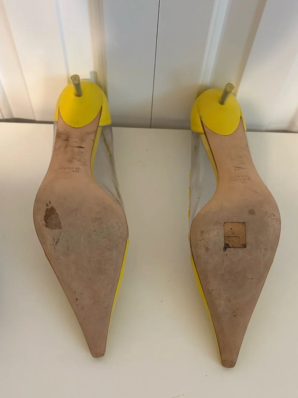 Vintage BARNEYS NEW YORK CO-OP, Yellow Leather and Clear PVC Pointy Kitten Heels